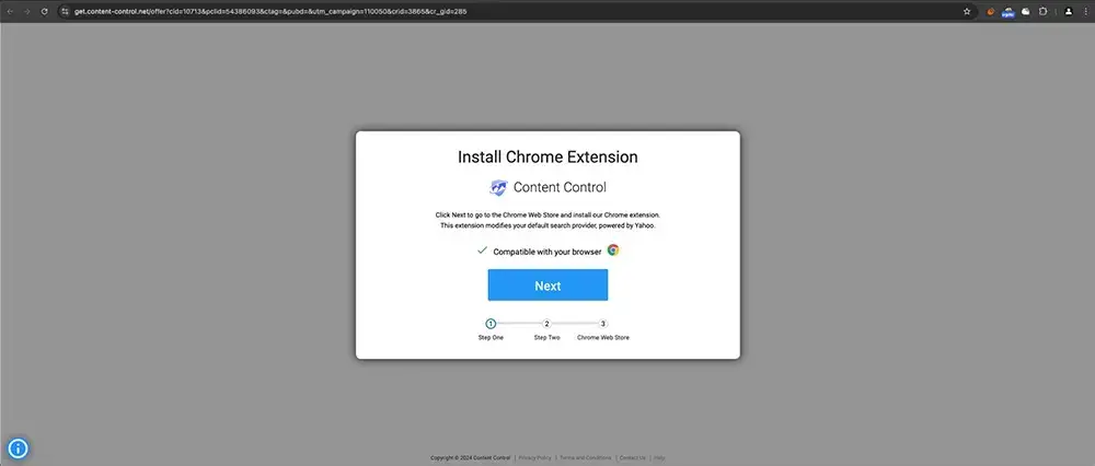 Example of landing page requesting malicious extension install on Chrome