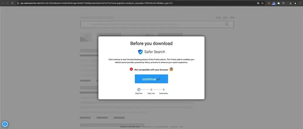 Example of landing page requesting malicious extension install on Firefox