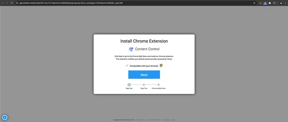 Example of landing page requesting malicious extension install on Chrome