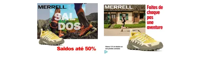 Example creatives abusing the shoe brand Merrell in French and Portuguese